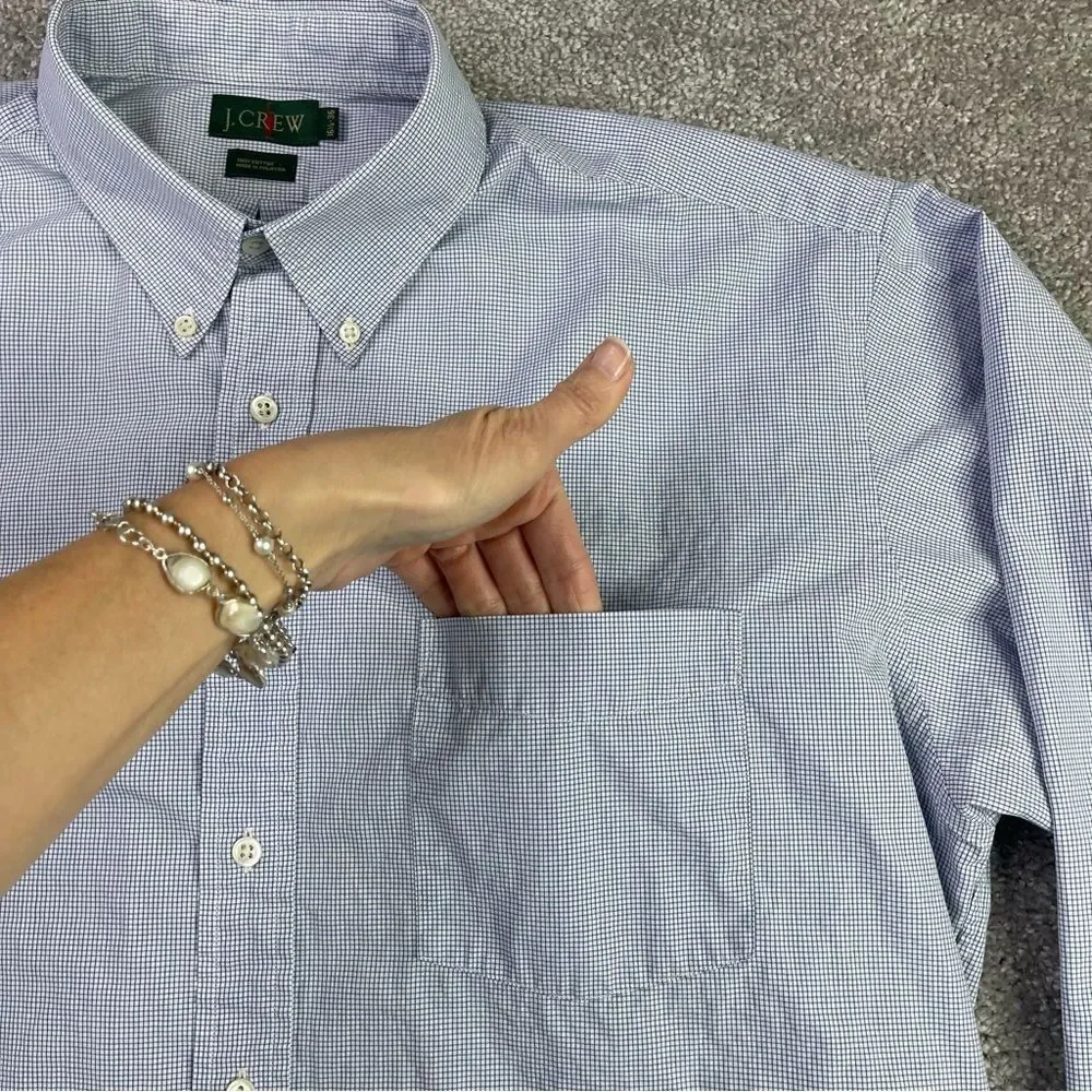 Vintage J.Crew Button Down Shirt Mens 16 1/2 Blue Micro Check Cotton Oxford ‘90s